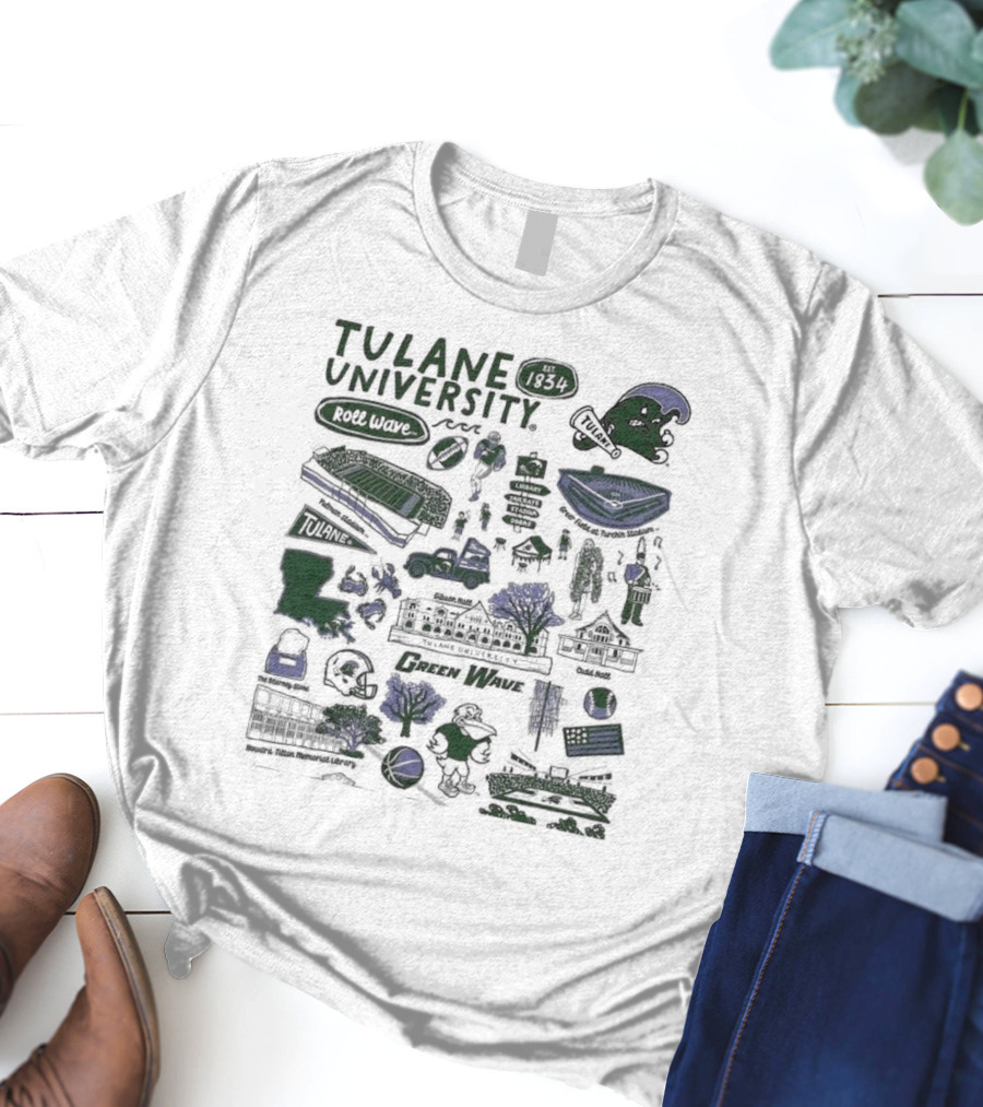 Tulane University Green Wave Roll Wave New Orleans Landmarks Est 1834 Tulane Stadium Riptide Mascot Iconography T-Shirt