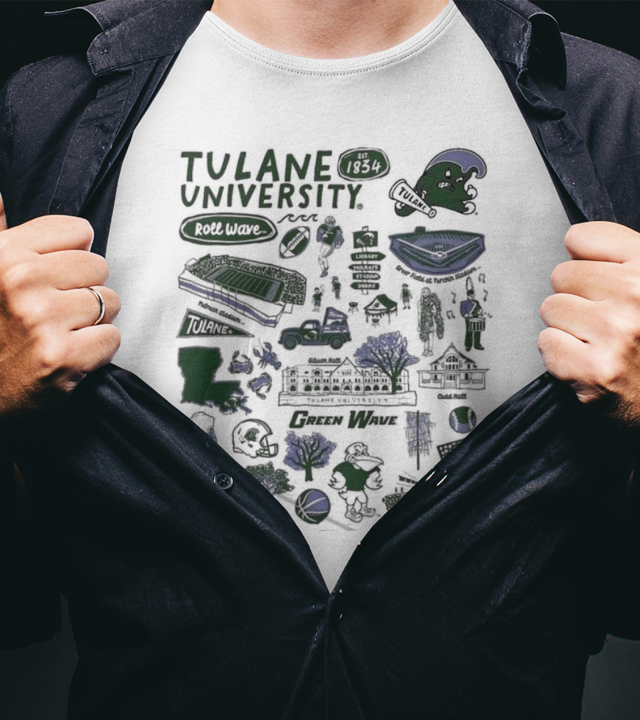 Tulane University Green Wave Roll Wave New Orleans Landmarks Est 1834 Tulane Stadium Riptide Mascot Iconography T-Shirt