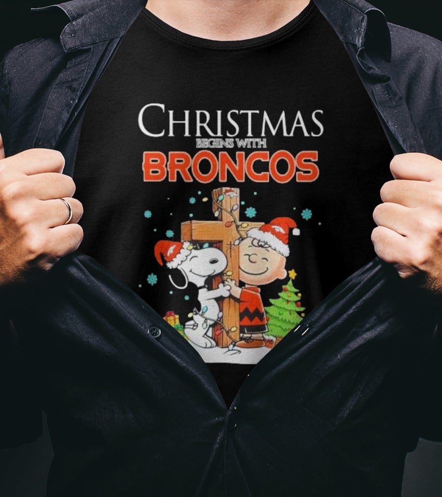 Christmas Begins With Broncos Charlie Brown Snoopy Hug Cross T-Shirt