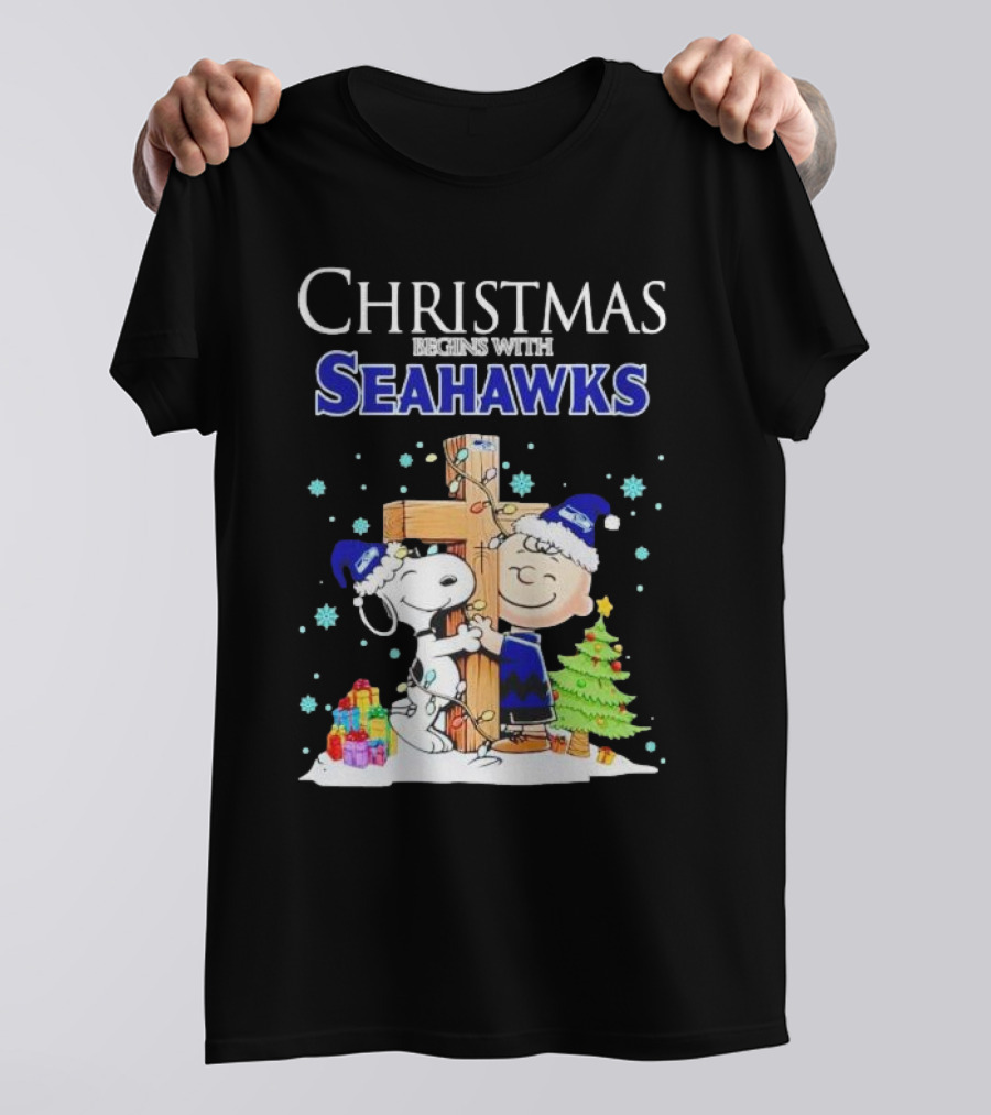 Christmas Begins With Seahawks Charlie Brown Snoopy Jesus Cross T-Shirt