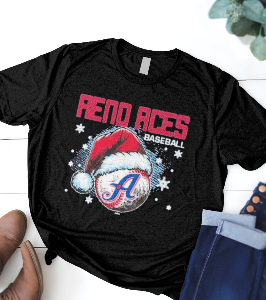 Reno Aces Baseball Santa Hat Christmas Holiday Snowflakes T-Shirt