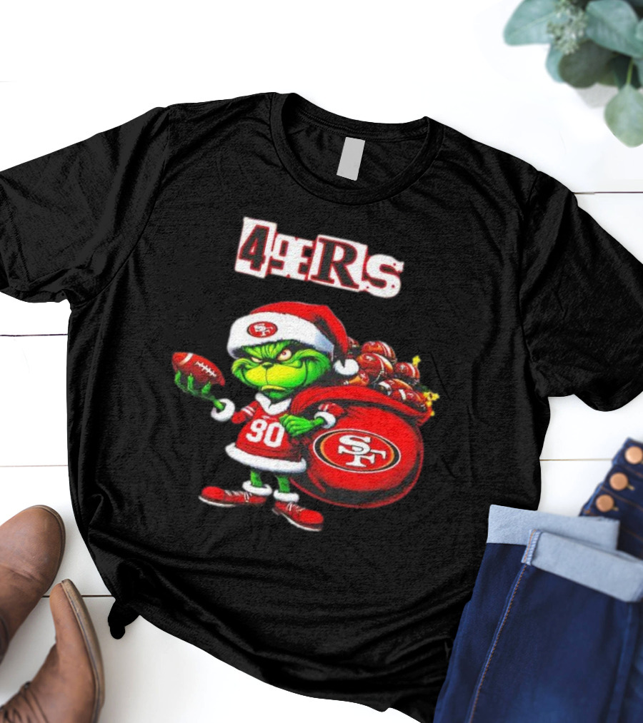 San Francisco 49ers Grinch With Santa Hat And Football Sack Christmas T-Shirt