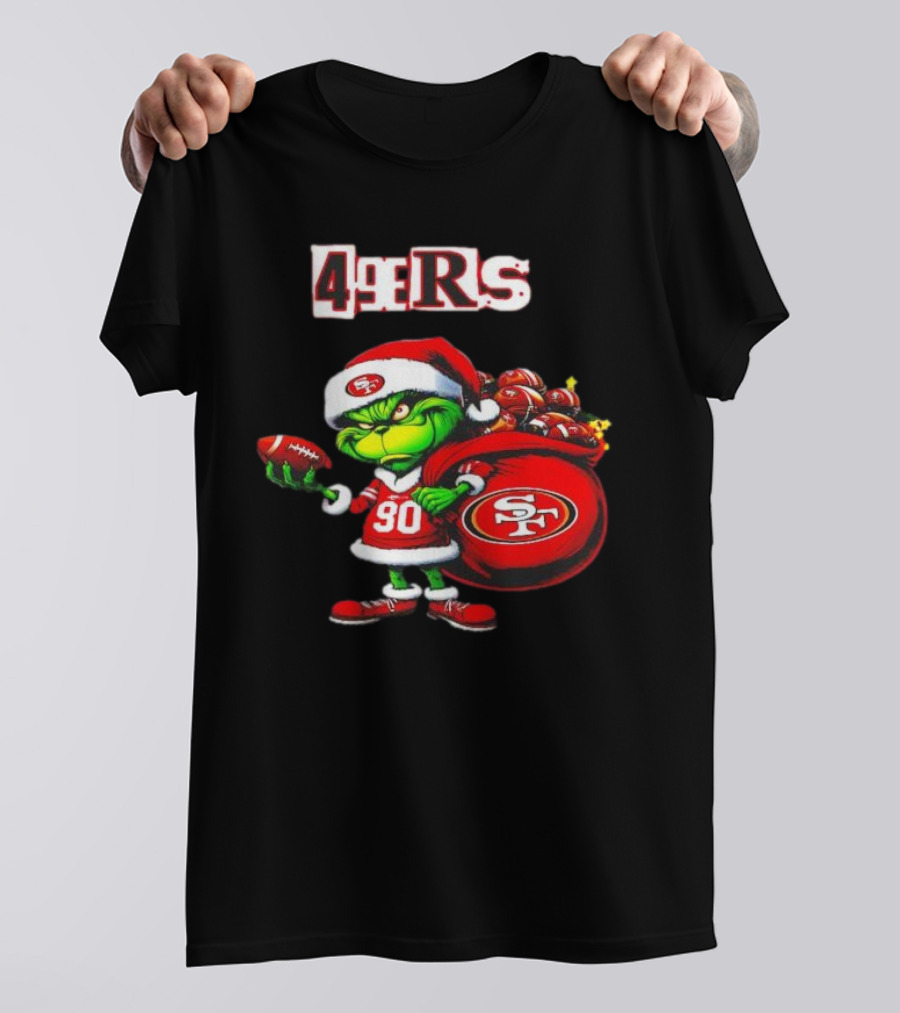 San Francisco 49ers Grinch With Santa Hat And Football Sack Christmas T-Shirt