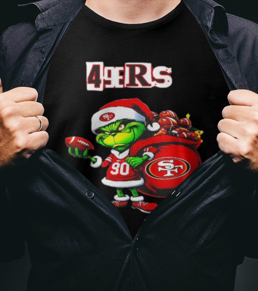 San Francisco 49ers Grinch With Santa Hat And Football Sack Christmas T-Shirt