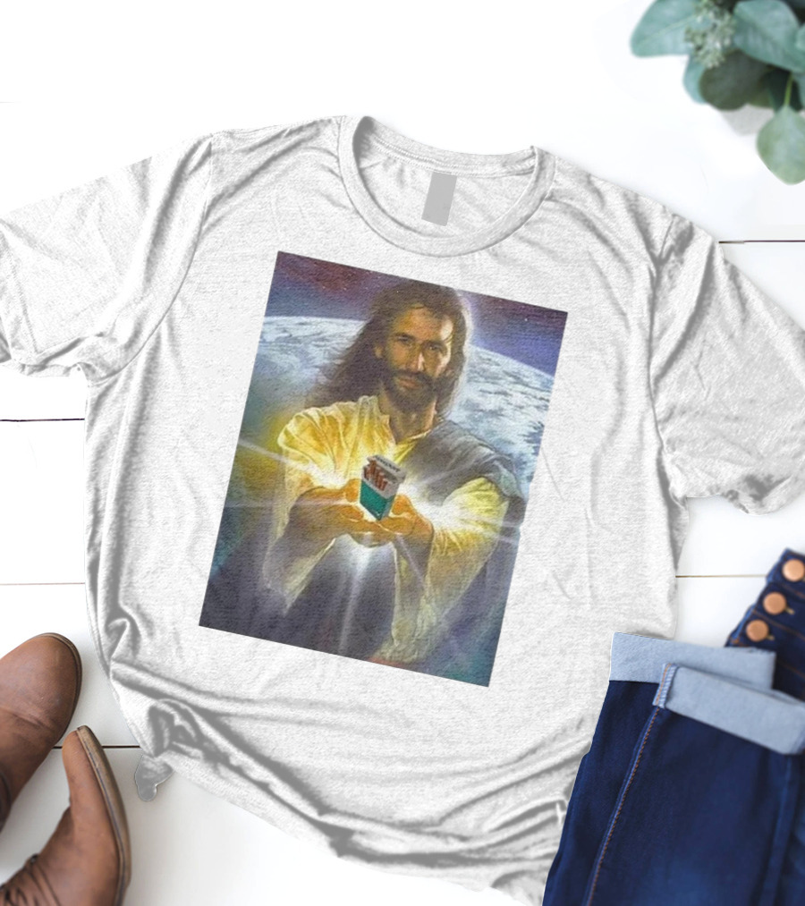 Jesus Offering Marlboro Cigarettes On Cosmic Background T-Shirt