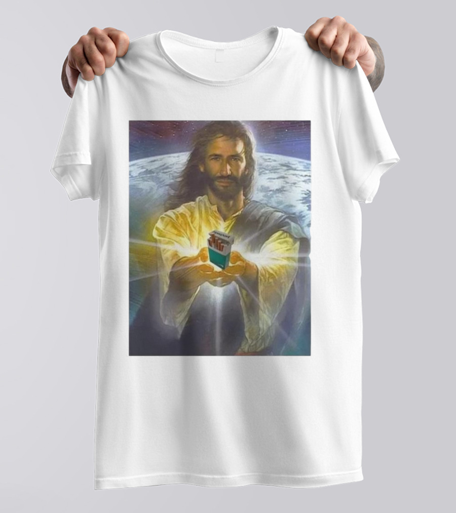 Jesus Offering Marlboro Cigarettes On Cosmic Background T-Shirt