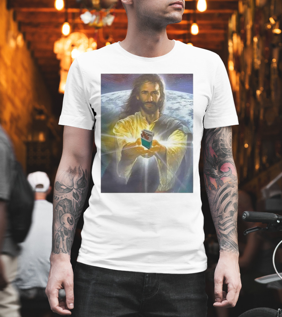 Jesus Offering Marlboro Cigarettes On Cosmic Background T-Shirt