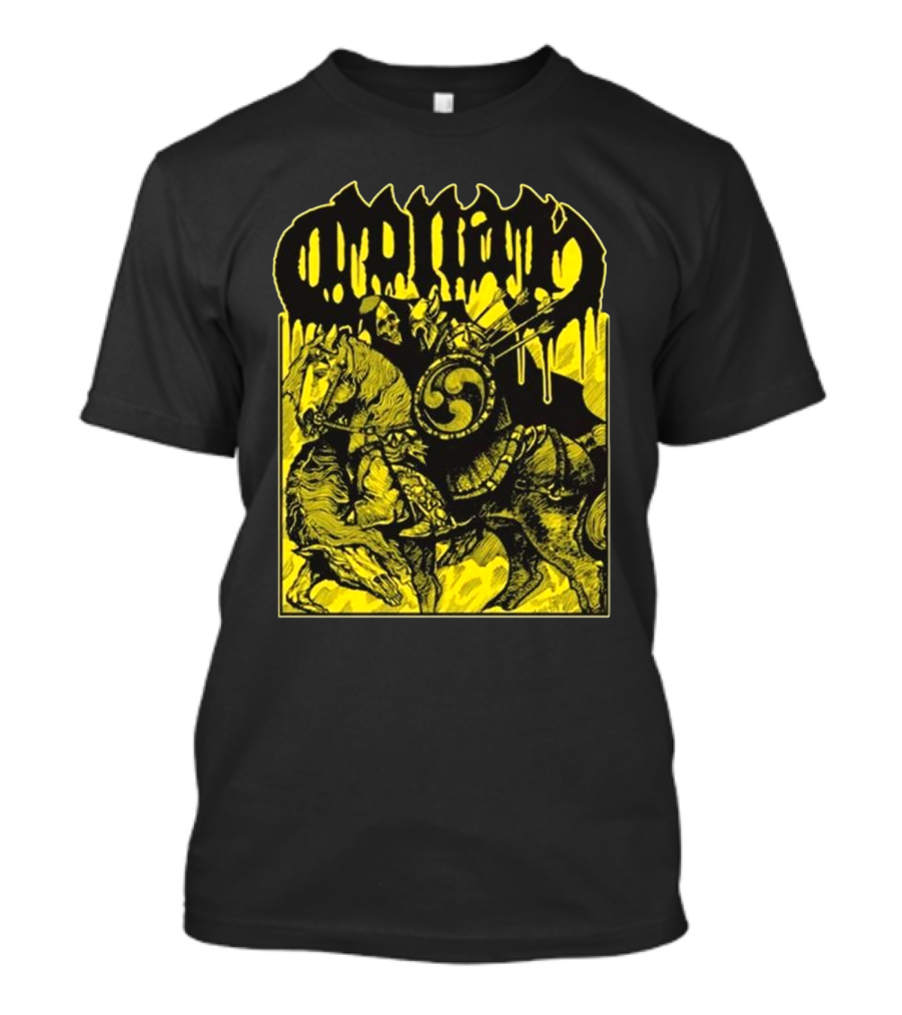 Conan Horseback Warrior With Shield And Hammer On Black And Yellow T-Shirt