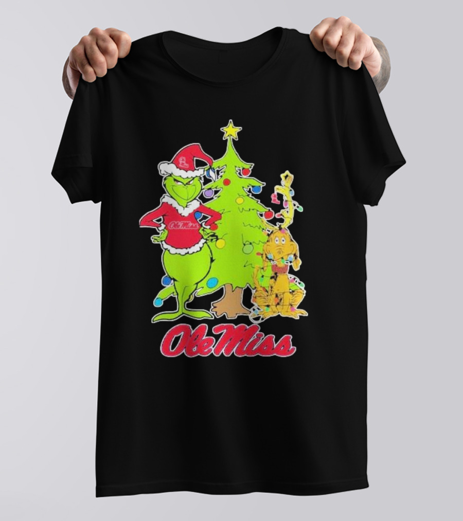 Ole Miss Rebels Grinch And Max Dog Christmas Tree T-Shirt