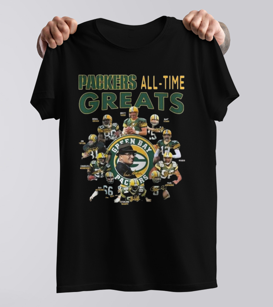 Packers All-Time Greats Green Bay Legends Signatures Brett Favre Bart Starr T-Shirt