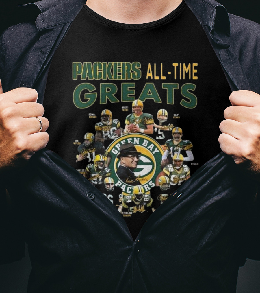 Packers All-Time Greats Green Bay Legends Signatures Brett Favre Bart Starr T-Shirt