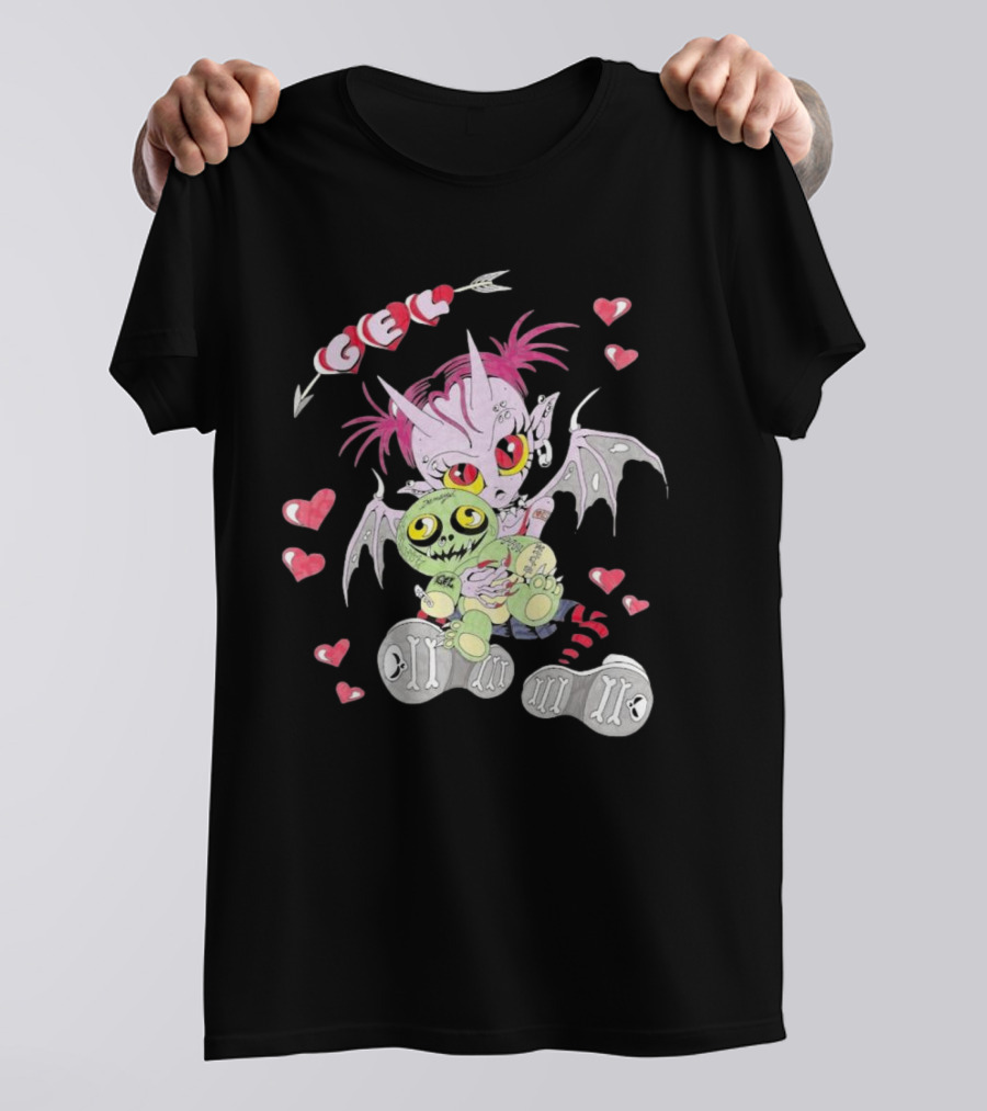 Gelhardcore Turbo Bat Creature Holding Plush Surrounded By Hearts T-Shirt