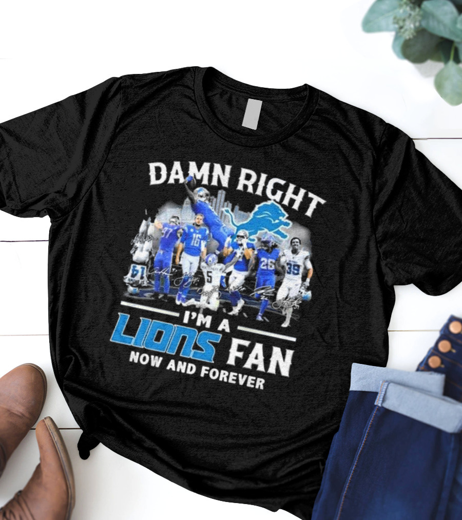 Damn Right I'm A Detroit Lions Fan Now And Forever Signatures Skyline T-Shirt