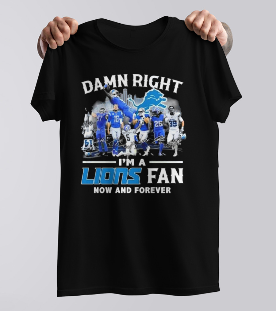 Damn Right I'm A Detroit Lions Fan Now And Forever Signatures Skyline T-Shirt