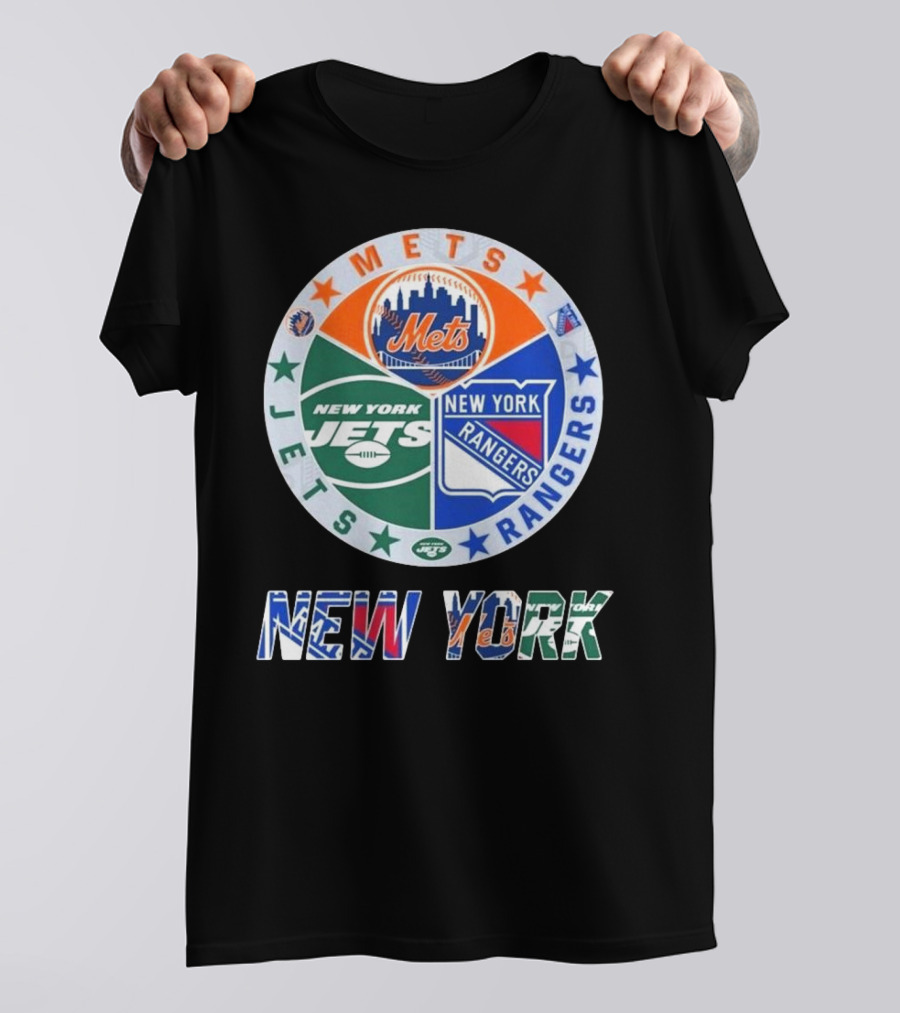 New York Mets Rangers Jets Circle Logo Skyline Baseball Football Hockey Teams T-Shirt