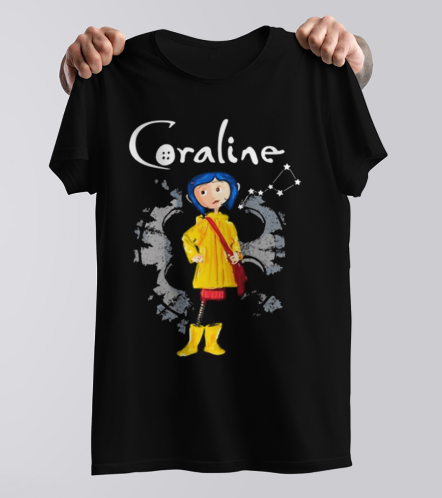 Coraline Character In Yellow Coat With Button Eyes And Star Constellation Background T-Shirt
