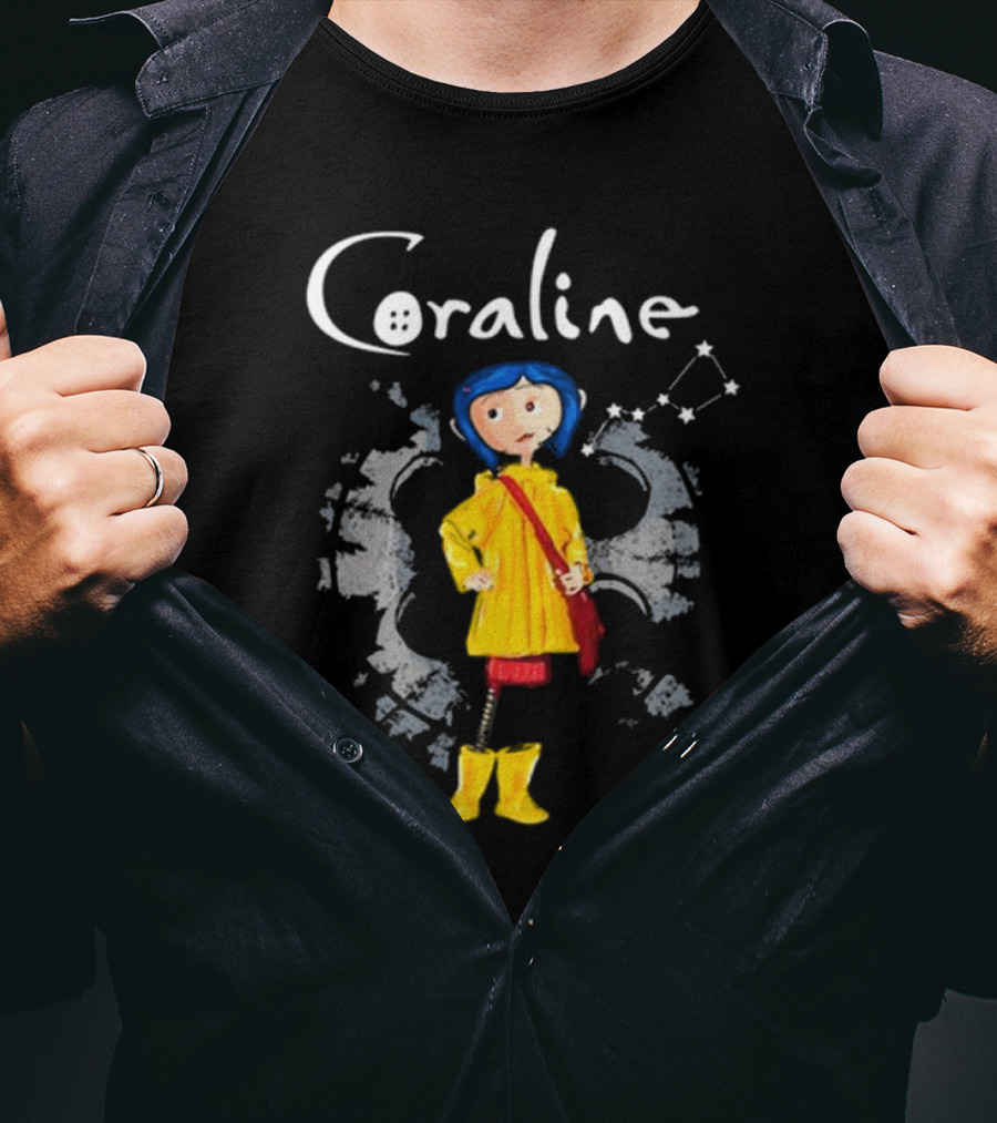 Coraline Character In Yellow Coat With Button Eyes And Star Constellation Background T-Shirt
