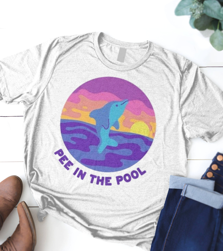 Pee In The Pool Dolphin Retro Sunset Ocean Scene T-Shirt