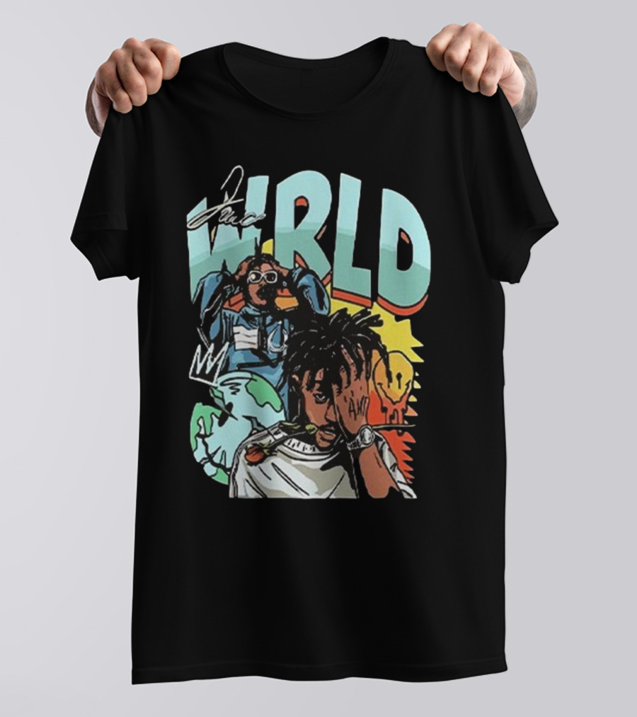 Juice WRLD Rapper Signature And Cartoon Globe With Crown T-Shirt