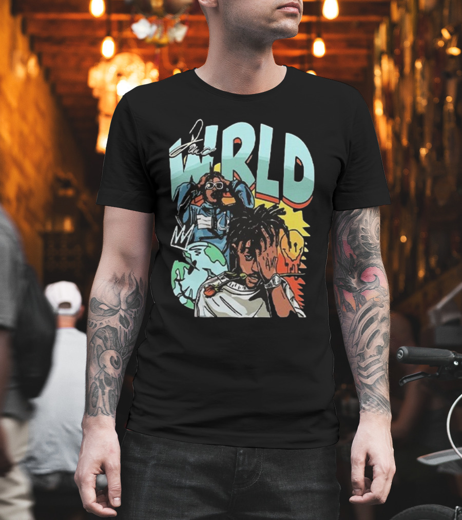Juice WRLD Rapper Signature And Cartoon Globe With Crown T-Shirt