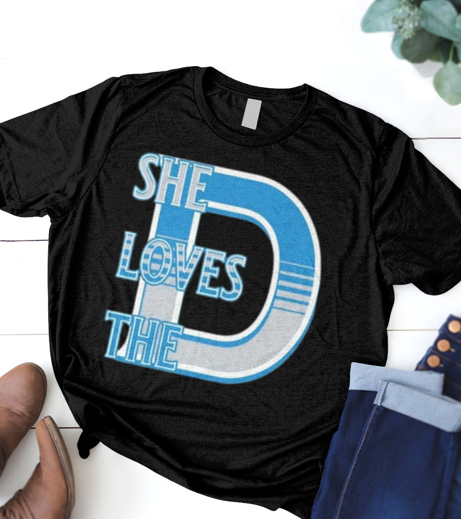 She Loves The D Detroit Blue Striped Lettering T-Shirt