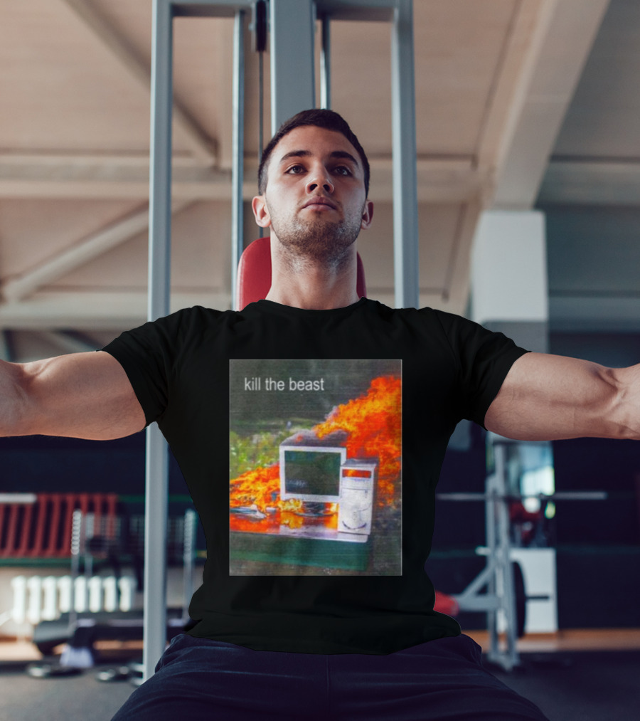 Kill The Beast Flaming Computer Dogecore Duel Monitors T-Shirt