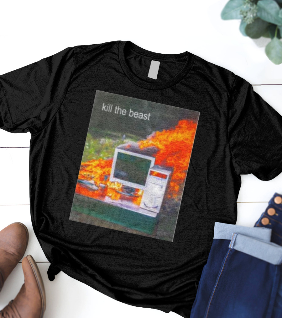 Kill The Beast Flaming Computer Dogecore Duel Monitors T-Shirt