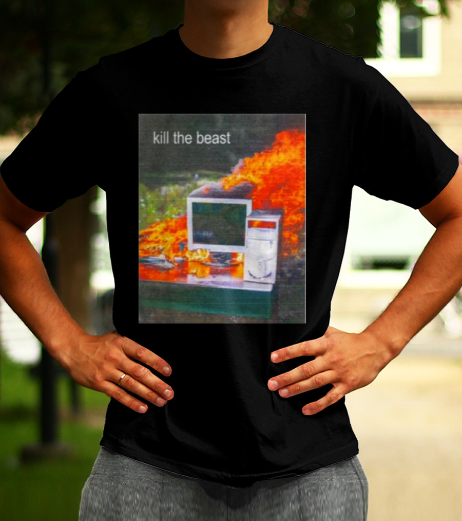 Kill The Beast Flaming Computer Dogecore Duel Monitors T-Shirt