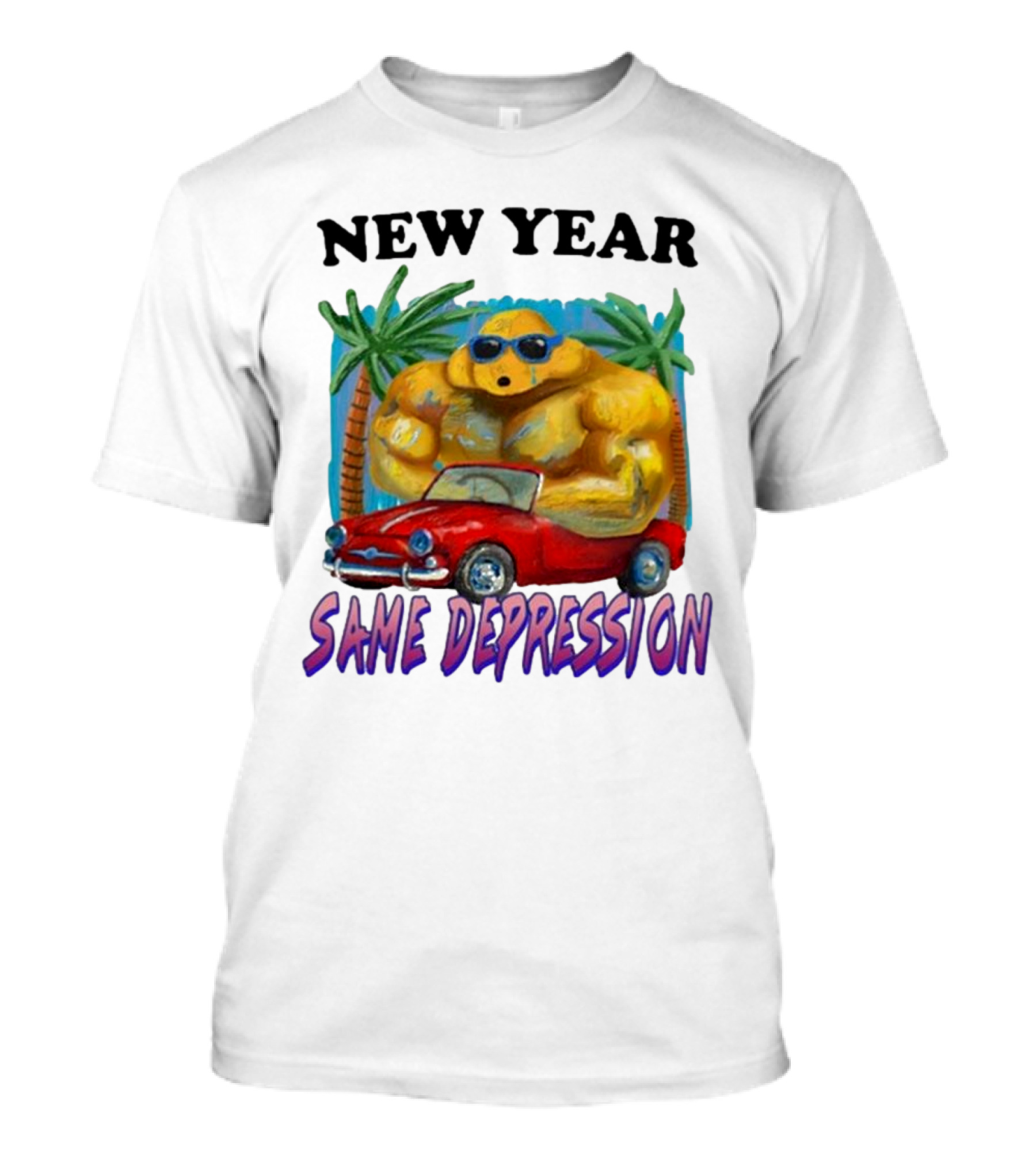 New Year Same Depression Buff Duck Red Convertible Palm Trees T-Shirt