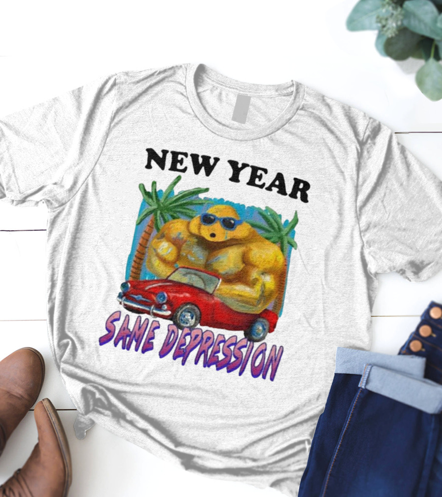 New Year Same Depression Buff Duck Red Convertible Palm Trees T-Shirt