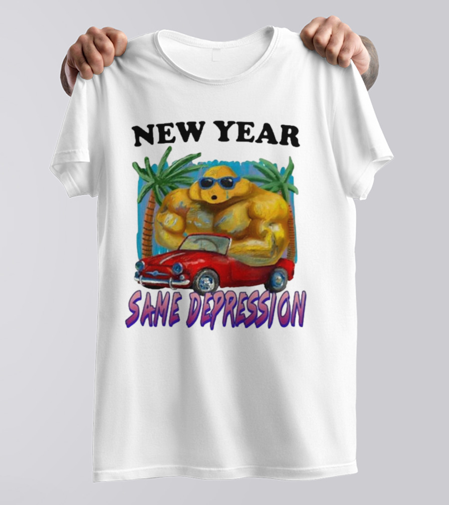 New Year Same Depression Buff Duck Red Convertible Palm Trees T-Shirt