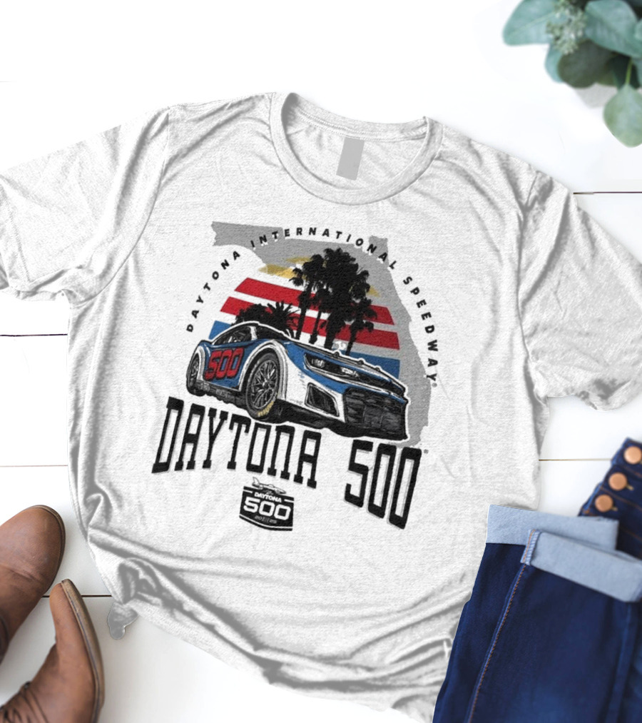 Daytona 500 Daytona International Speedway 2025 Racing Car Graphic With Palm Trees And Stripes T-Shirt