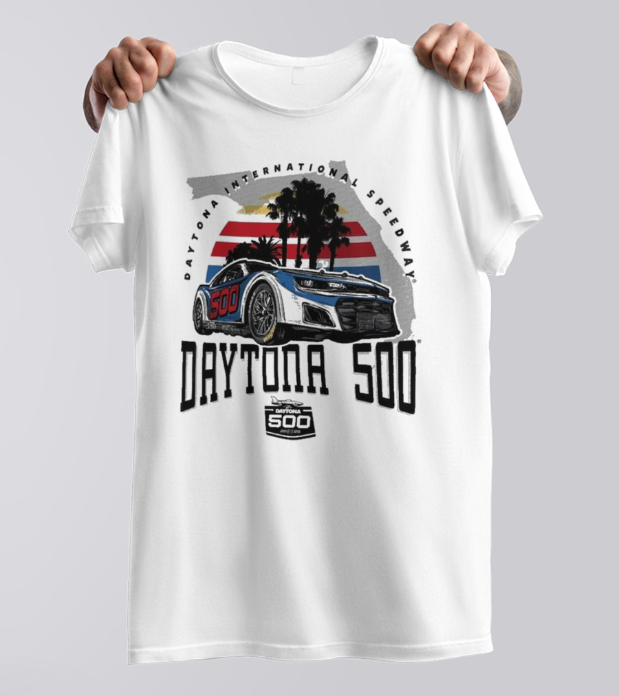 Daytona 500 Daytona International Speedway 2025 Racing Car Graphic With Palm Trees And Stripes T-Shirt