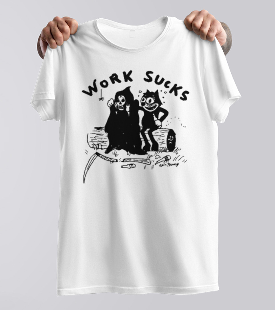 Heavyslime Work Sucks Grim Reaper And Cat Cartoon Comic Art By Eric Kenney T-Shirt