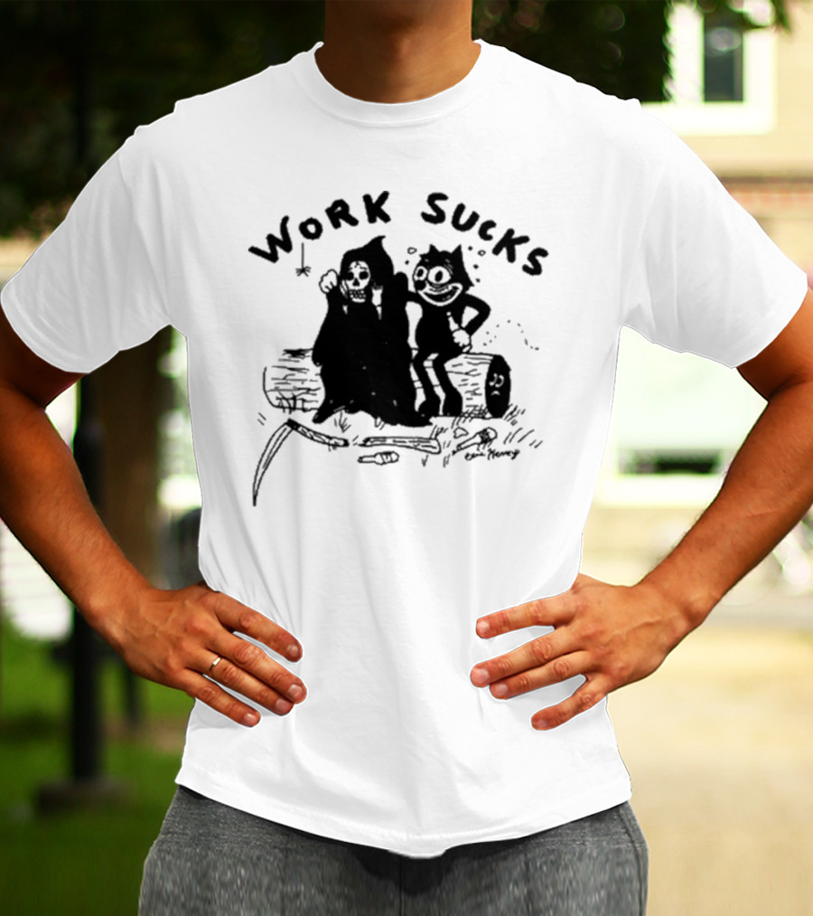 Heavyslime Work Sucks Grim Reaper And Cat Cartoon Comic Art By Eric Kenney T-Shirt