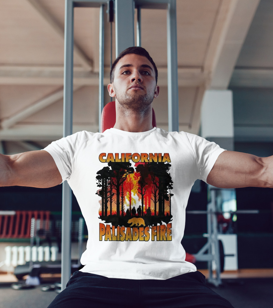 California Palisades Fire 2025 Forest Silhouette And Flames With Bear T-Shirt