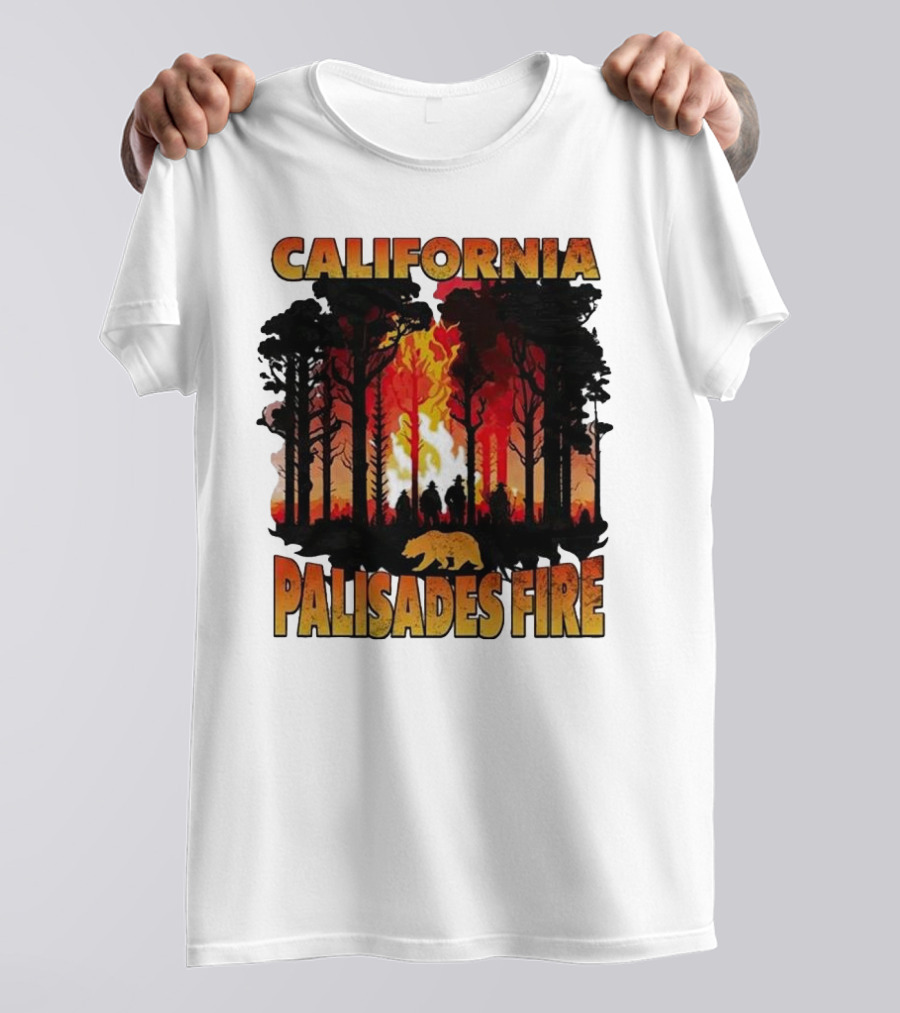 California Palisades Fire 2025 Forest Silhouette And Flames With Bear T-Shirt