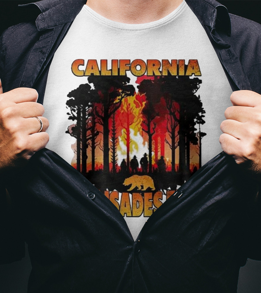 California Palisades Fire 2025 Forest Silhouette And Flames With Bear T-Shirt