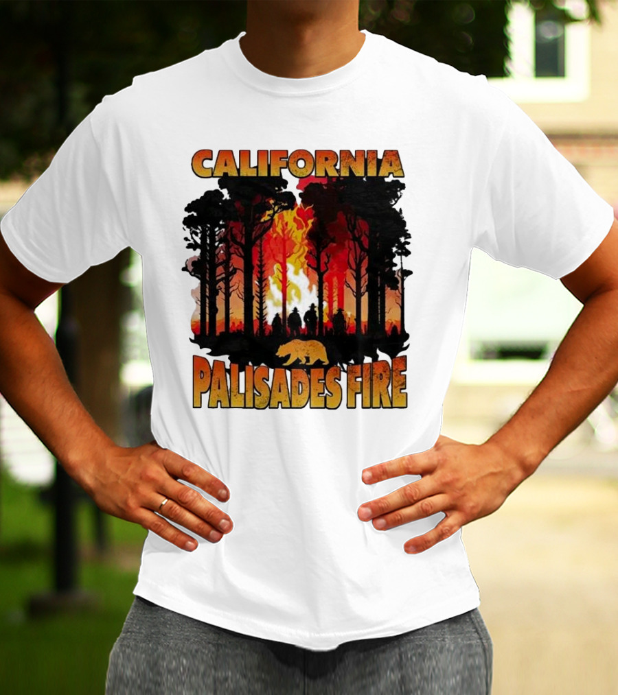 California Palisades Fire 2025 Forest Silhouette And Flames With Bear T-Shirt