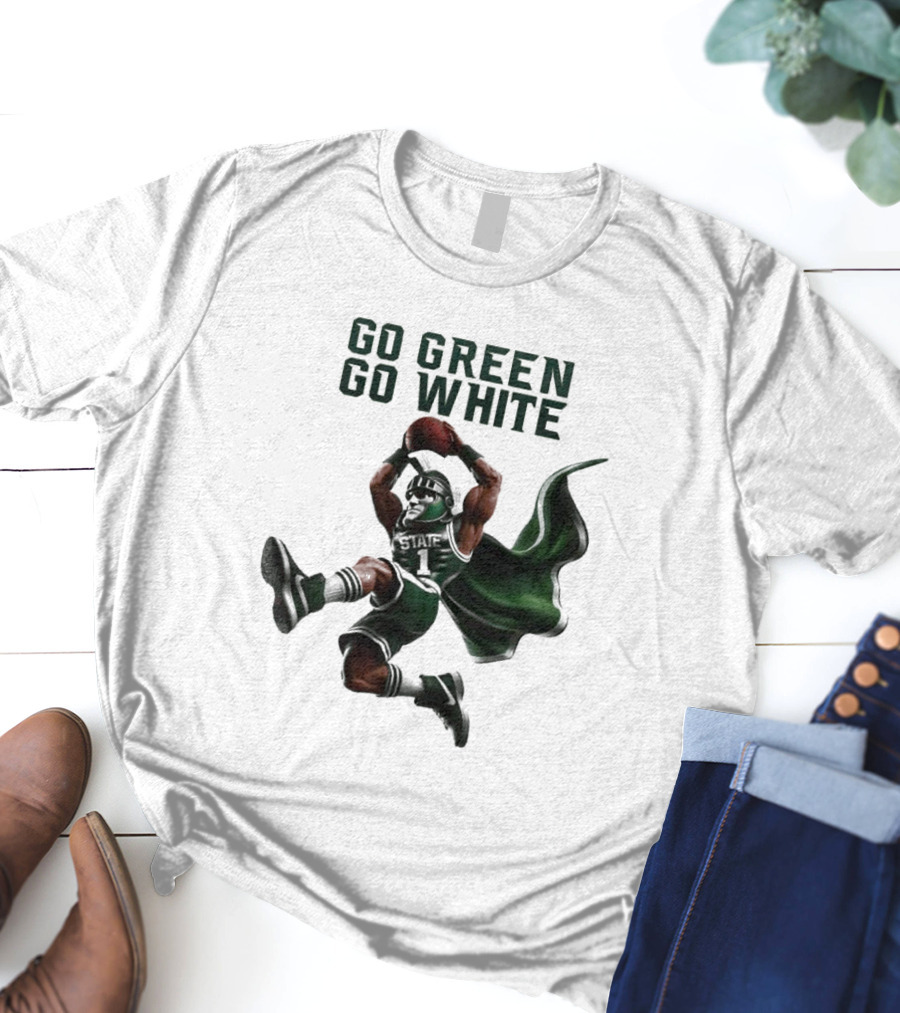 NCAA Michigan State Spartans Go Green Go White 2025 Mascot Dunking Basketball Player T-Shirt