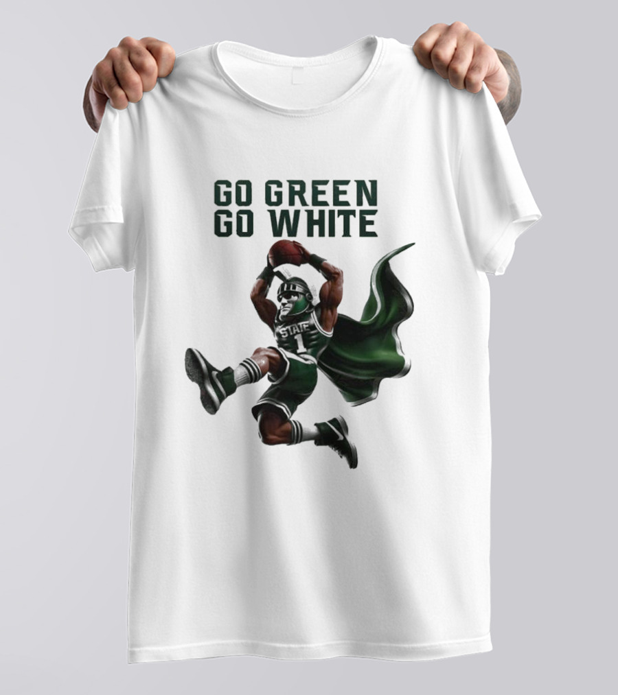 NCAA Michigan State Spartans Go Green Go White 2025 Mascot Dunking Basketball Player T-Shirt