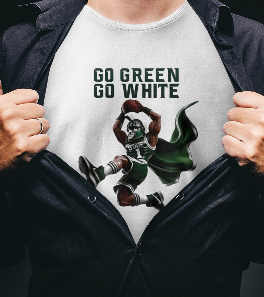 NCAA Michigan State Spartans Go Green Go White 2025 Mascot Dunking Basketball Player T-Shirt