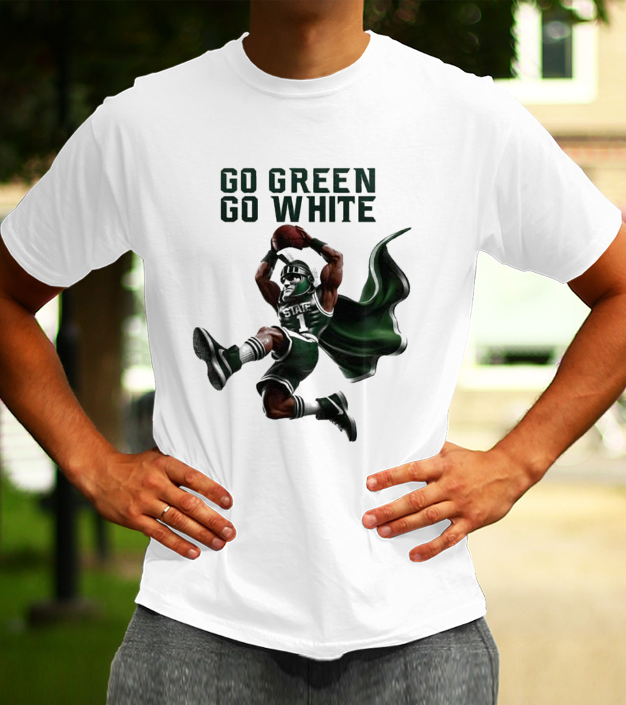 NCAA Michigan State Spartans Go Green Go White 2025 Mascot Dunking Basketball Player T-Shirt