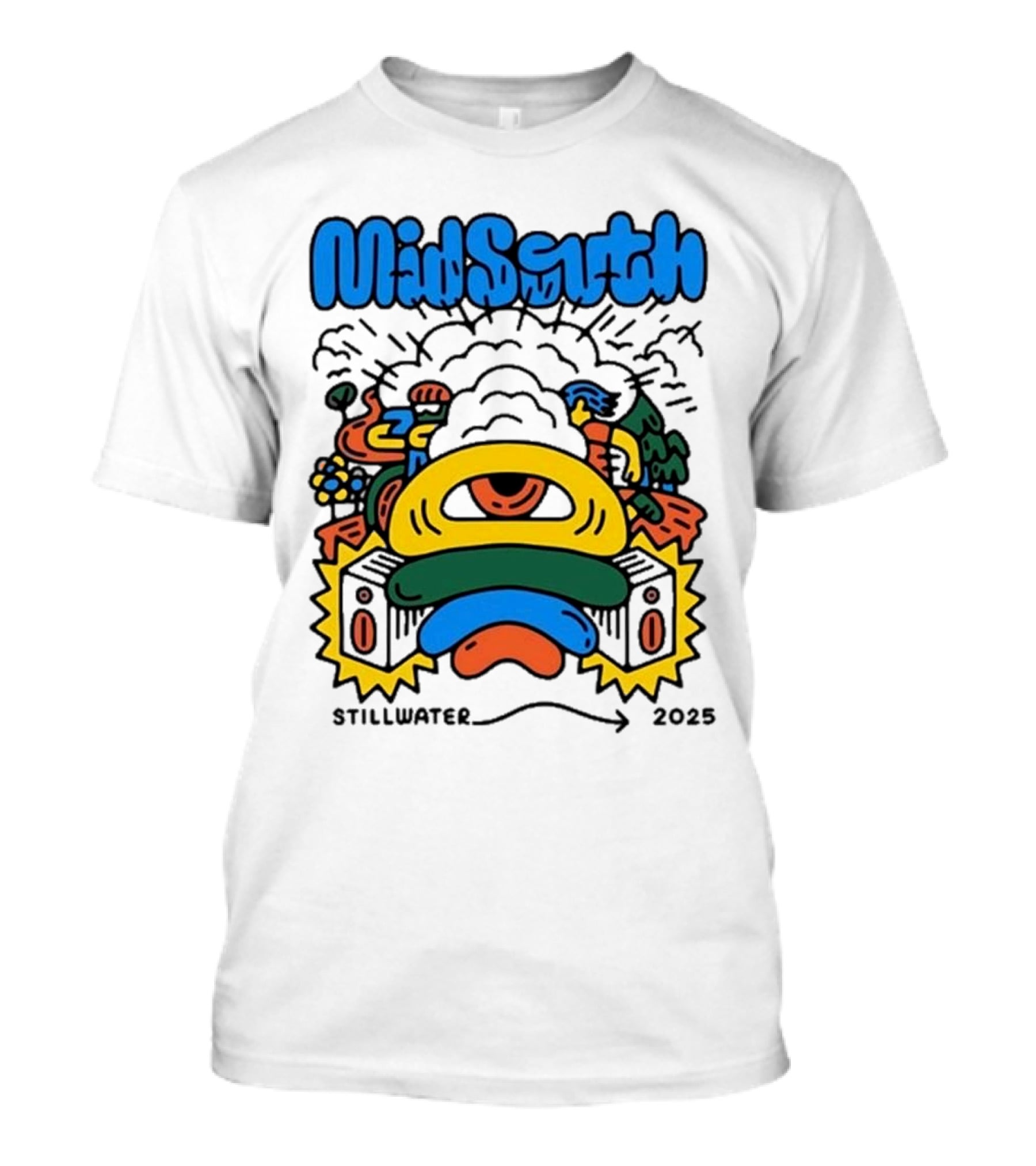 Mid South Stillwater 2025 Event Colorful Funky Cartoon Explosion T-Shirt