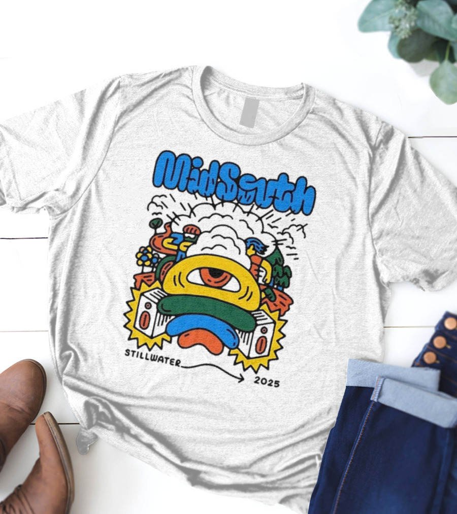 Mid South Stillwater 2025 Event Colorful Funky Cartoon Explosion T-Shirt
