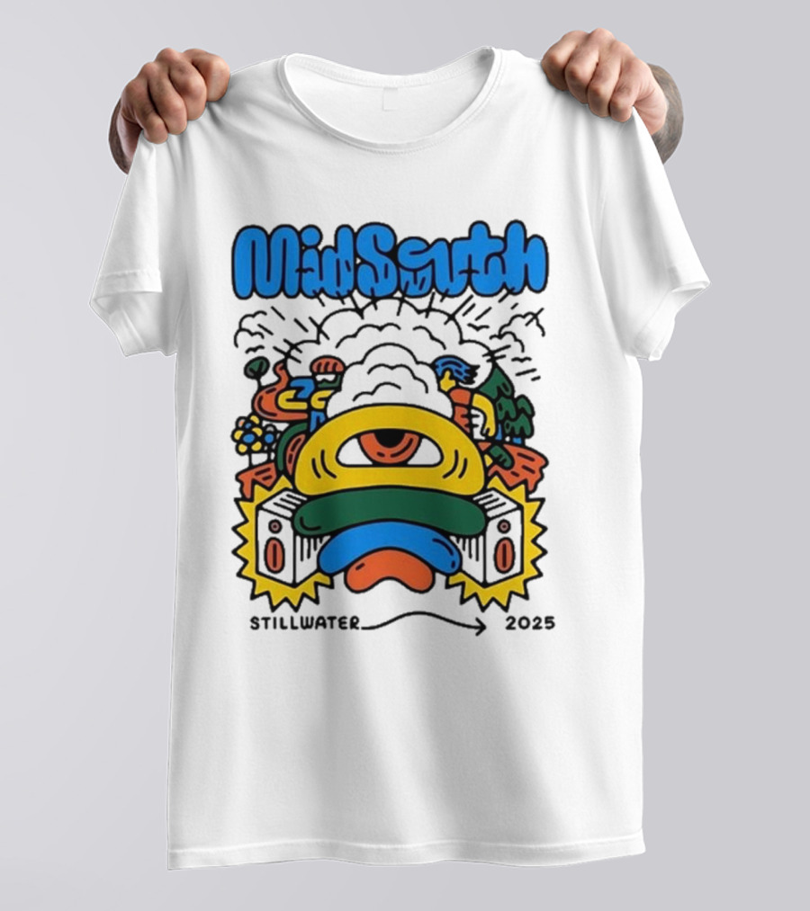 Mid South Stillwater 2025 Event Colorful Funky Cartoon Explosion T-Shirt