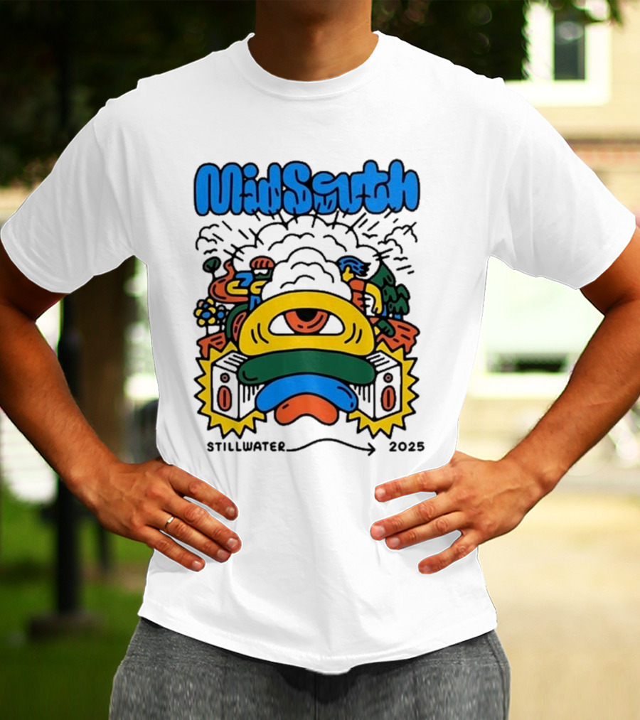 Mid South Stillwater 2025 Event Colorful Funky Cartoon Explosion T-Shirt