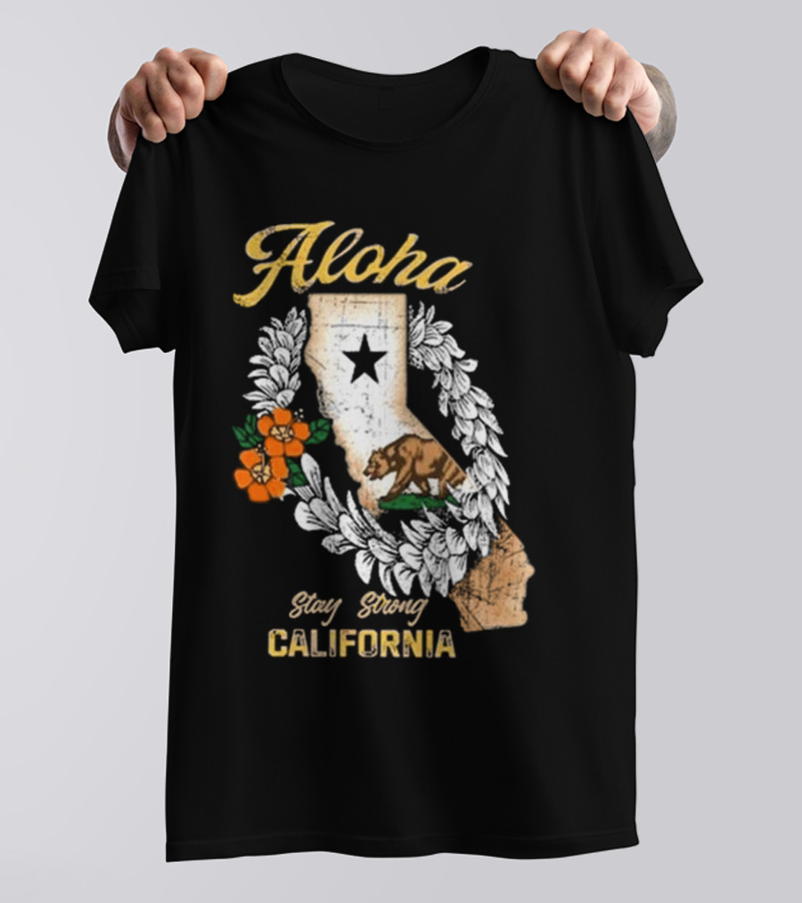 Aloha Stay Strong California Bear Star Map And Flower Garland T-Shirt