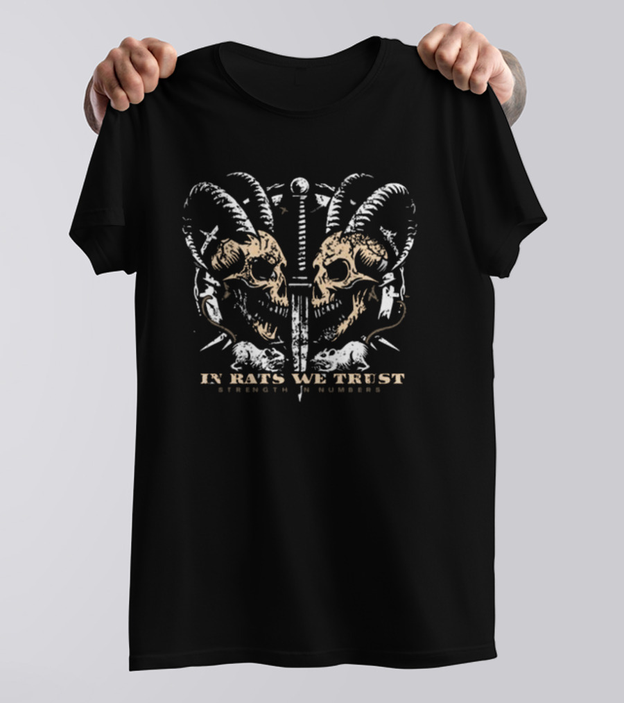 In Rats We Trust Strength In Numbers Gemini Rat Club Skulls With Swords And Horns T-Shirt