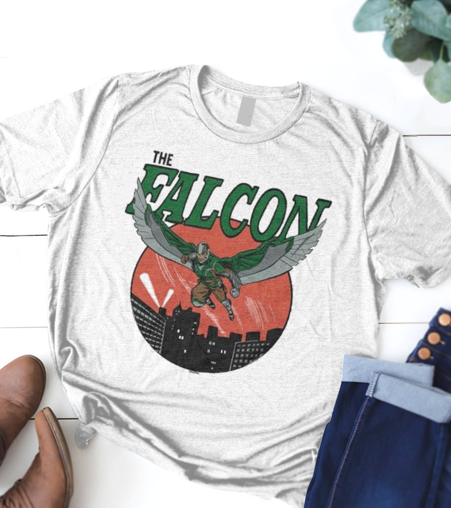 The Falcon Soaring Over City Skyline In Action-Packed Comic T-Shirt